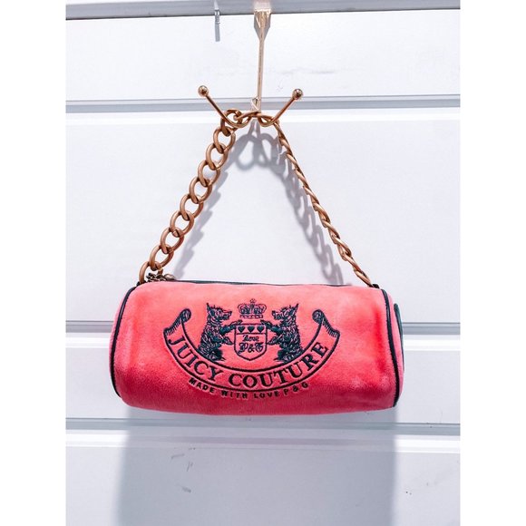 Juicy Couture Handbags - Juicy Couture Barrel Bag - Pink Velour with Blue Scottie dog embroidery.